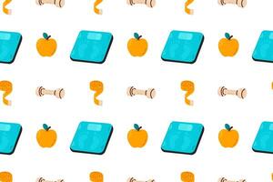 Seamless healthy lifestyle pattern with apples, scales, tape and dumbbells vector