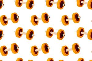 Repeating seamless pattern of orange dumbbells on white background, perfect for fitness-themed prints and gym materials vector
