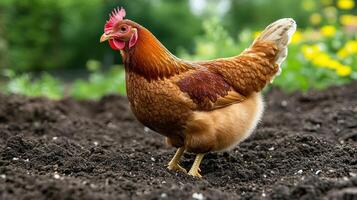 Brown hen foraging garden soil, green background, agriculture photo
