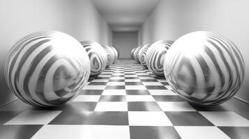 Striped spheres in a checkered hallway photo
