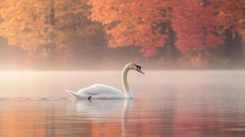 A swan swimming in the water with autumn trees in the background photo