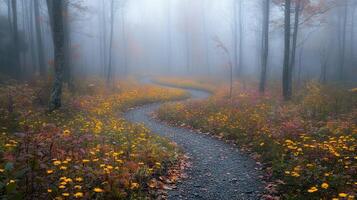 Winding path through autumnal forest, foggy morning, nature scene photo