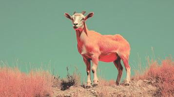 Pink goat grazing hillside, serene landscape, pastoral scene, stock photo