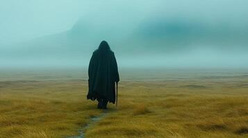 A person in a black cloak walking through a field photo
