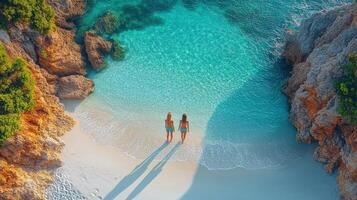 Two women standing on the beach in front of a blue ocean photo