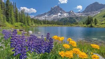 Wildflowers and mountain lake in the mountains photo