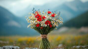 Wildflower bouquet, mountain backdrop, nature, summer, romance photo