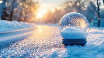 A snow globe sitting on the road in the middle of a snowy road photo