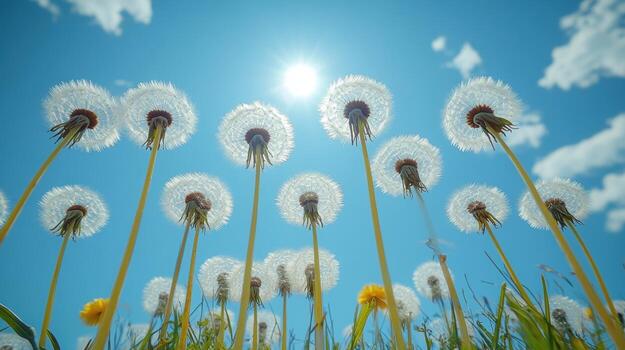 Dandelions under bright sun, field background, spring nature scene, perfect for calendars photo