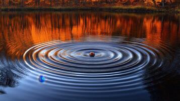 A blue ball floating in a lake with a tree in the background photo