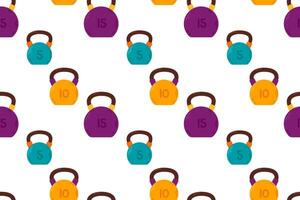 Seamless cartoon pattern of colorful kettlebells in different weights and colors on white background vector