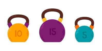 Flat illustrations of colorful kettlebells in different sizes and weights including 5, 10, and 15 kilograms vector