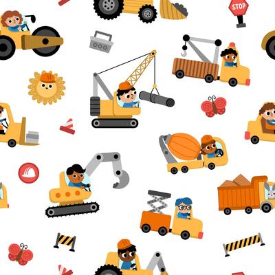 special transport seamless pattern with drivers. Construction site, road work, building transport repeat background with bulldozer, tractor, truck. Cute repair service vehicles texture for kids