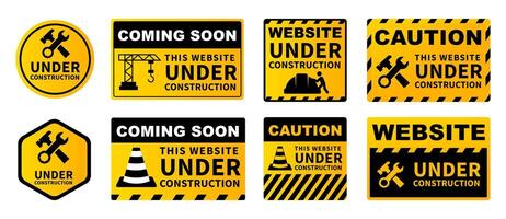Website Under Construction Signs Set. Caution and Coming Soon Labels. Construction Badges vector