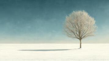 Solitary tree in snowy field, winter landscape, peaceful scene, nature background photo