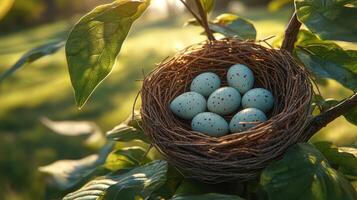 A bird nest with eggs on a tree photo