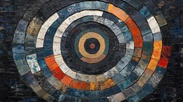 Colorful concentric circles, wood texture, abstract art, background design, website photo