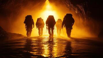 Hikers silhouetted exiting cave, light ahead, adventure photo