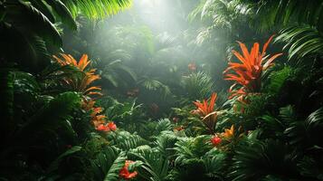 Lush Tropical Jungle, Sunlight Dappled, Plants, Background, Nature Scene photo