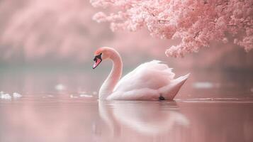 A swan is swimming in a pink lake photo