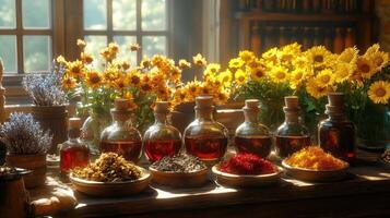 A table with various types of flowers and herbs photo
