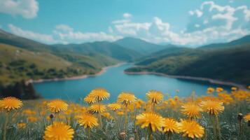 Dandelions blooming near mountain lake, sunny day photo