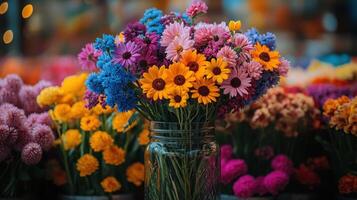 Colorful flower bouquet in jar, market stall, autumn photo