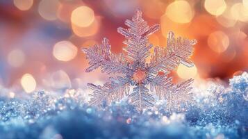 Intricate snowflake on snow, bokeh lights, winter holiday card photo
