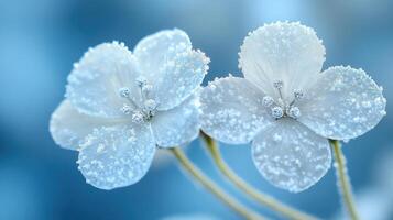 Frosty flowers, winter garden, blue background, nature postcard photo