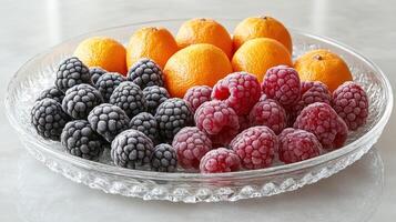 Frozen berries and citrus fruits on a glass plate photo