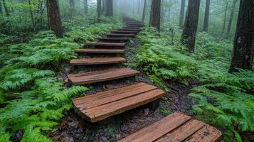 Wooden stairs in the forest photo