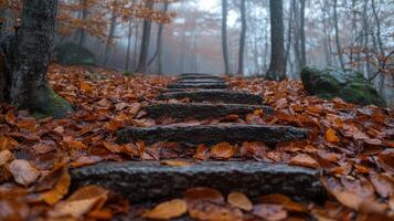 Autumnal stone steps in misty forest tranquil hike photo