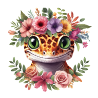 A charming leopard gecko with big green eyes adorned with a colorful floral crown and leafy accents png