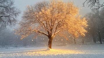 A tree in the snow with light shining from it photo
