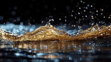 Golden liquid splash, dark background, bokeh effect, luxury concept, advertising photo