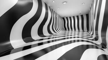 A black and white striped hallway with a white floor photo
