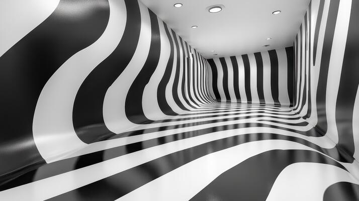 A black and white striped hallway with a white floor
