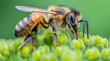 A bee is standing on top of a green plant photo