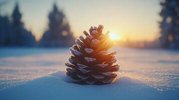 Frosty pine cone sunset winter snow forest nature photo
