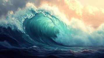 Ocean wave sunset dramatic power nature background photo