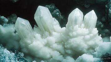 Crystal cluster in dark cave, geological formation, science background photo