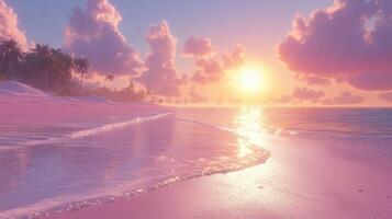 Pink sunset beach paradise calm ocean waves, palm trees photo
