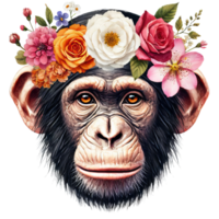 A chimpanzee with a flower crown featuring roses, dahlias, and other assorted blossoms art png