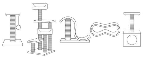 set illustration, different types of scratching posts for domestic cats, simple linear icons, doodle and sketch style, hand-drawn, isolated on a white background vector