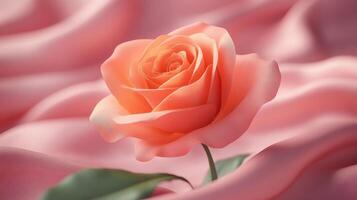Peach rose on pink silk, close-up, romantic background photo