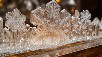Crystal snowflake ornament, warm lights, winter scene, holiday decoration photo