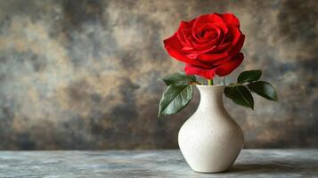 Single red rose in vase, rustic background, romantic setting, Valentine's card photo