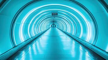 Futuristic airport walkway, turquoise lighting, travel background photo