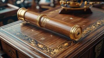 Antique telescope on ornate table, shop background, nautical theme, for website or travel brochure photo