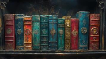 Antique books on wooden shelf, dark background, mystical symbols photo